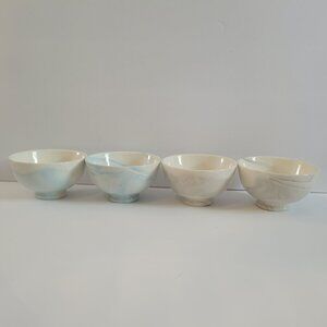 Set Of 4 Handcrafted Ceramic Marbled Bowls - Ivory & Blue Swirls - Unique Artisa
